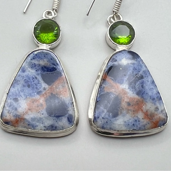 New Sodalite Stone Silver Overlay Hook Earrings - Picture 8 of 9
